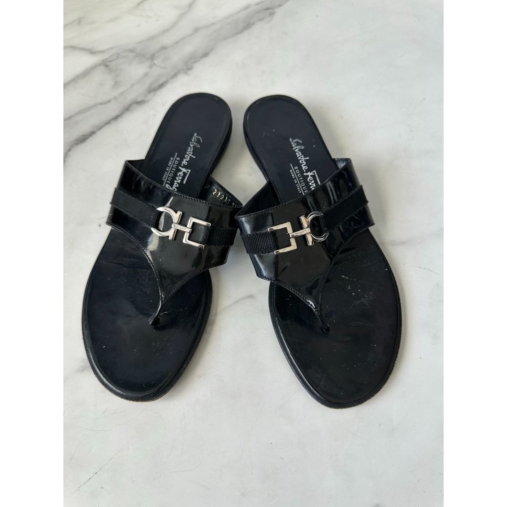 SALVATORE FERRAGAMO Black Silver Logo Buckle Sandals Size 38 - Picture 1 of 11